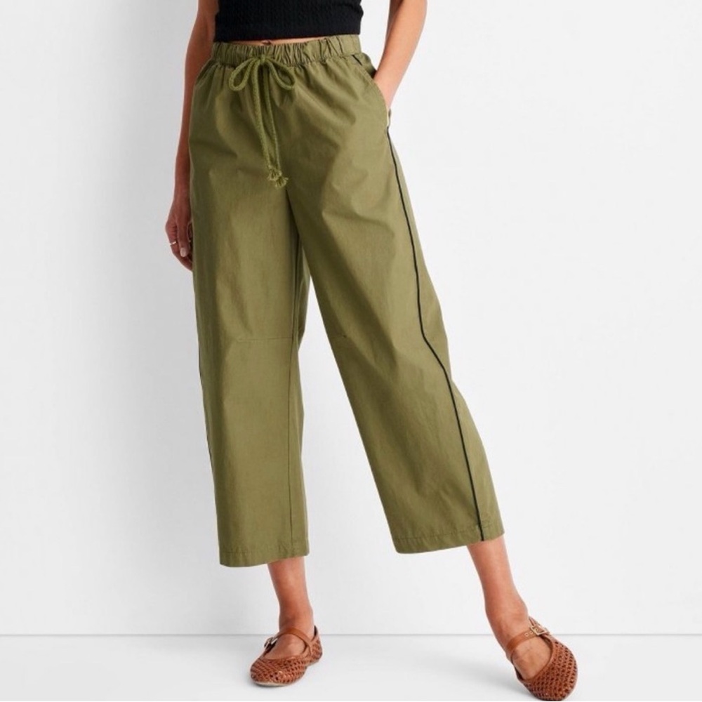 Olive Drawstring Wide-Leg Pants